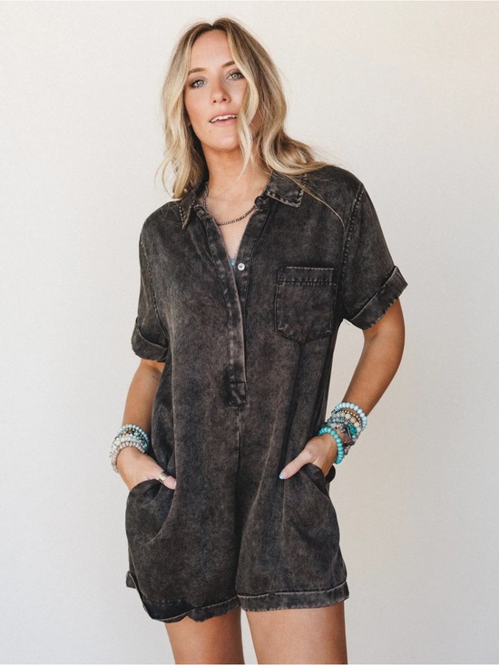Zenana Outfitters Pants - Zenana Outfitters Washed Black Short Sleeve Romper
